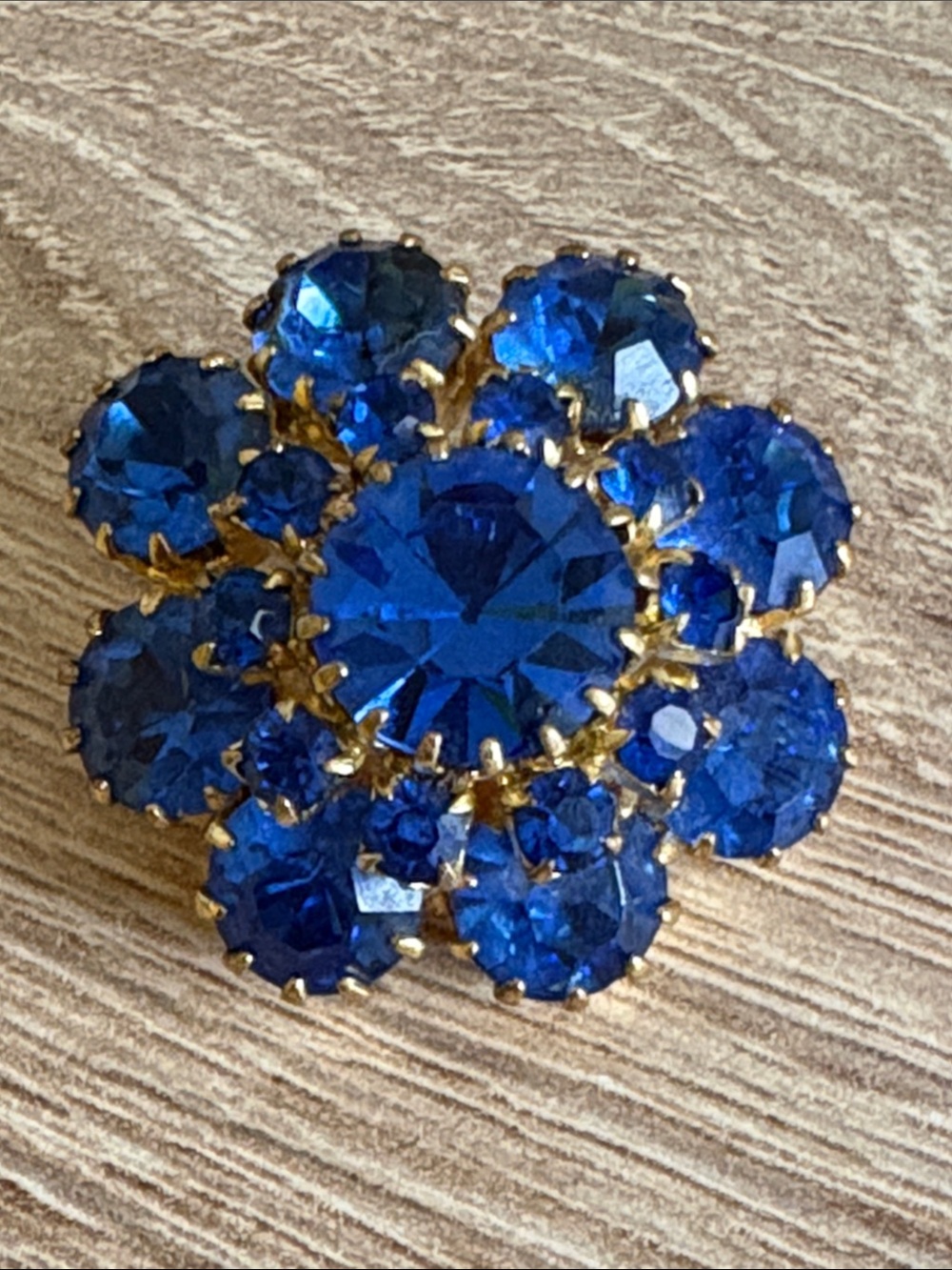 Vintage Blue Crystal Flower Brooch gold tone